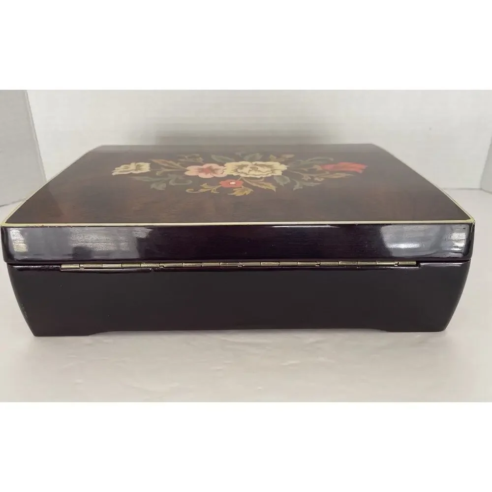 VTG Kimco Japan Wooden Jewelry Box Floral Inlay Gold Velvet Lining Mirror